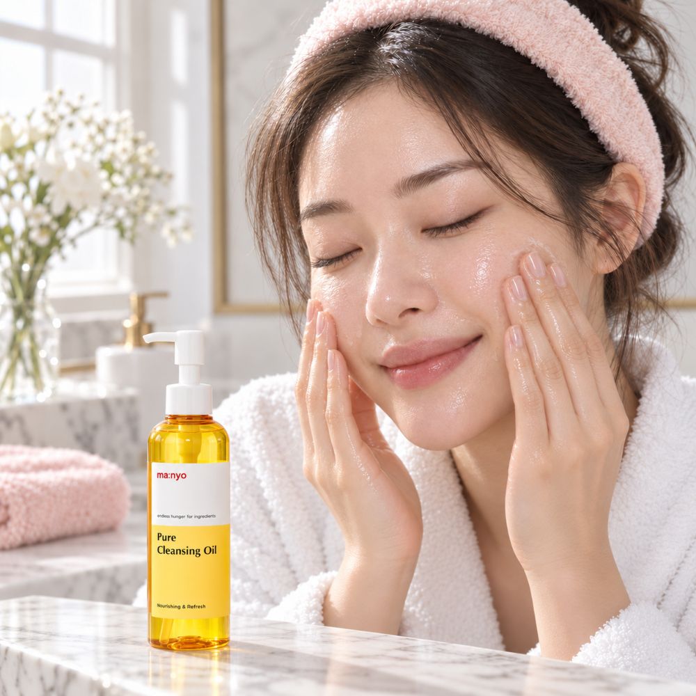 Kvinna som rengör ansiktet med Manyo Pure Cleansing Oil